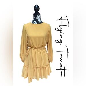 Flying Tomato Mustard Yellow Mini Dress XS Boho Long Sleeve Tiered Hem Belted